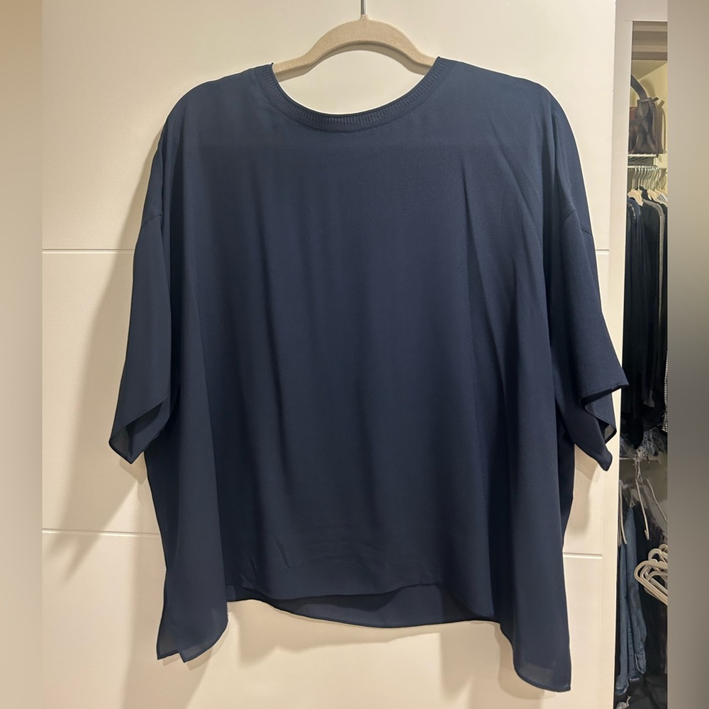 Vince Women's Navy Blue Relaxed Dolman Short-Sleeve Top Silk Large